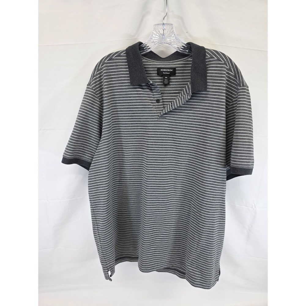 Nordstrom Tech-Smart Mens Polo Shirt 2XL Grey White Striped Short Sleeve Pique